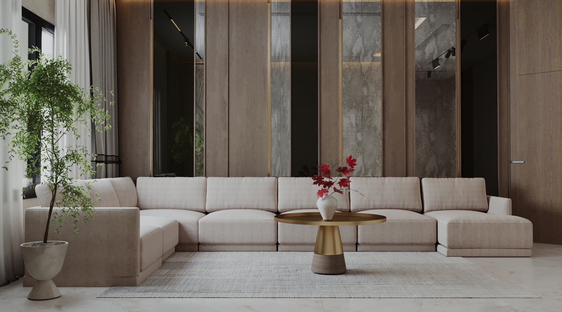 Elegant minimalist living room with a cream sectional sofa and refined materials